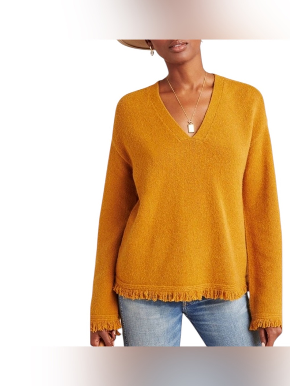 Anthropologie Wool Blend Boho Mustard V-Neck Fringe Hem Sweater